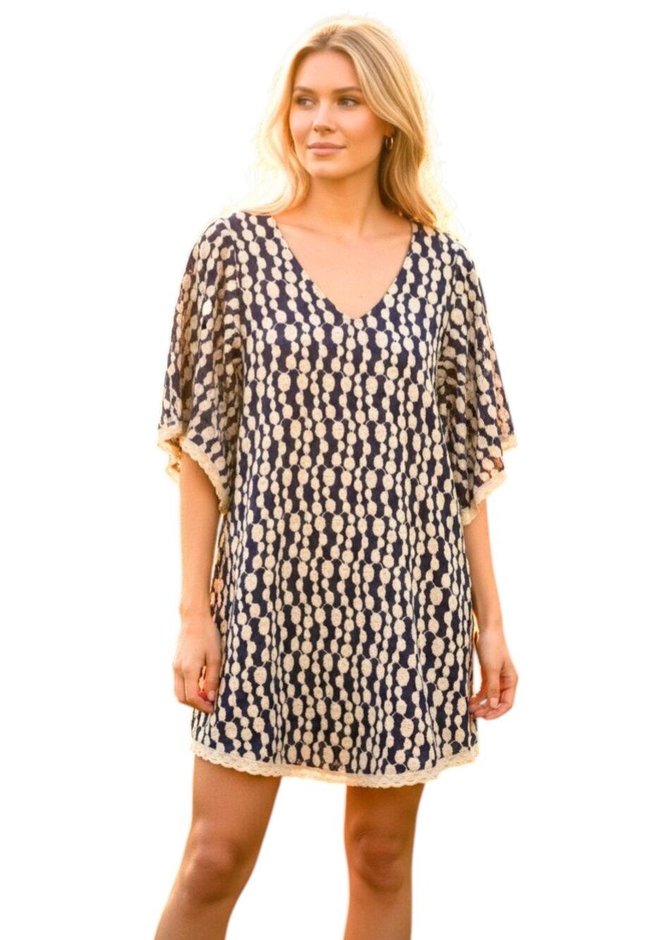 Umgee Sz Small Mini Dress Navy Cream Embroidered Boho Cottage Festival Flowy